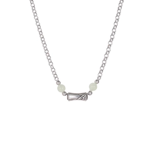 Silver bamboo joint necklace with light green jade beads and engraved leaf pendant