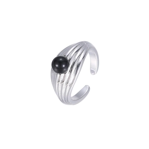 Bague ouverte argentée rétro multicouche avec agate noire de style minimaliste chic
