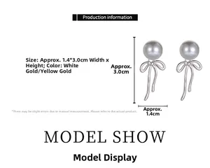 Detail view showing dimensions 1.4x3.0cm of elegant bow pearl drop earrings in silver