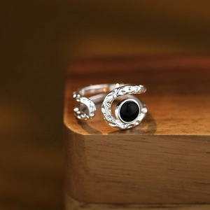 Lava texture silver open ring with black onyx stone featuring handcrafted hammered finish
