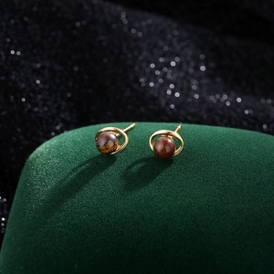 Mini boucles d'oreilles rétro en œil de tigre avec cadre doré sur socle velours