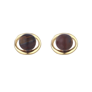 Boucles d'oreilles Saturne en pierre œil de tigre style Maillard avec anneaux dorés