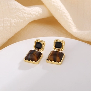 Vintage French Style Tiger Eye Square Stud Earrings For Women Retro Copper Gold Plated Double Layer Rhinestone Jewelry Gift