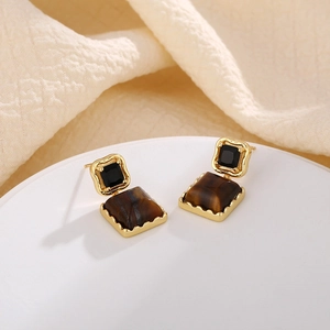 French vintage tiger eye stone square earrings with gold alloy wavy edges for women