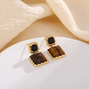 French vintage tiger eye stone square drop earrings with wavy gold metal base
