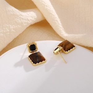 French vintage tiger eye stone and black onyx square stud earrings in gold finish