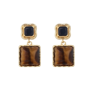 French vintage tiger eye stone and black gem square earrings in gold metal setting