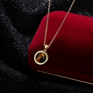Vintage Französisch Kupfer Vergoldet Tigerauge Rund Anhänger Halskette Für Damen Elegante Maillard Stil Schlüsselbein Kette Schmuck