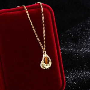 French vintage tiger eye teardrop pendant necklace in gold stainless steel finish