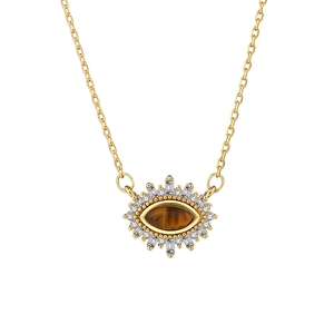 French style evil eye pendant necklace with tiger eye stone and gold chain for women