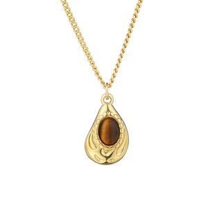 French vintage tiger eye stone teardrop pendant necklace in retro gold finish