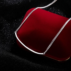 Minimalist silver smile bar necklace displayed on a luxury red velvet jewelry box