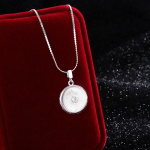 Schicke silberne Halskette mit Sonnenstrahl-Medaillon und Zirkon auf Samtbox