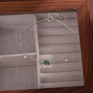 New Chinese Style Green Lotus Charm Anklet Thai Silver Plated Copper Round Bead Foot Chain Retro Ethnic Jewelry For Women