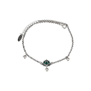 Vintage S925 silver anklet featuring a green enamel lotus pendant and delicate round beads