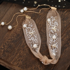 Coiffe de Mariée en Maille Café Avec Perle Artificielle Strass Fleur Nœud Bandeau Bijoux de Mariage Accessoires