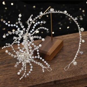 Silver Bridal Hair Band Shiny Artificial Pearl Crystal Headband Wedding Dress Accessories Handmade Floral Soft Chain Headpiece For Women