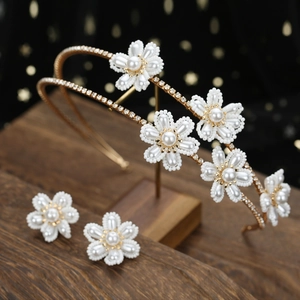 Handmade Artificial Pearl Flower Bridal Hair Accessory Set Gold Alloy Rhinestone Headband With Earrings Hair Pins Wedding Jewelry