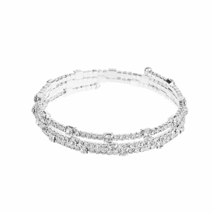 Macro detail of silver layered stretch bracelet with triple rows of sparkling rhinestones