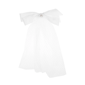 Barrette nœud en satin blanc avec voile en résille et fleurs en perles pour la mariée