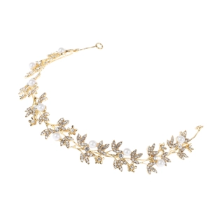 Golden bridal headband with alloy leaves, white pearls and sparkling rhinestones