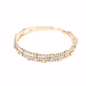 Three-row rhinestone stretch bridal bracelet in gold finish with crystal accents