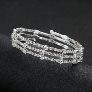 Luxurious Alloy Rhinestone Bridal Bracelet 3 Row Elastic Open Bangle Gold Silver Plated Wedding Party Jewelry For Women