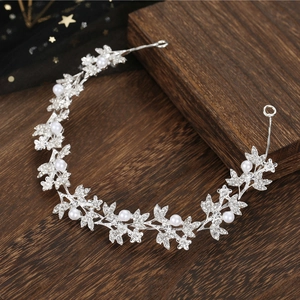 Silver bridal headband with alloy leaf design, white pearls and sparkling rhinestones