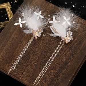Elegant Butterfly Feather Hair Clip With Long Rhinestone Tassel Artificial Pearl Bridal Headpiece For Wedding Party Women Jewelry