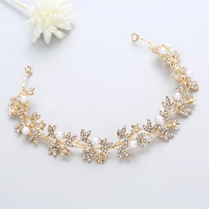 Bridal Gold Alloy Artificial Pearl Rhinestone Hairband Floral Leaf Vine Design Headband Women Party Jewelry Hair Accessories