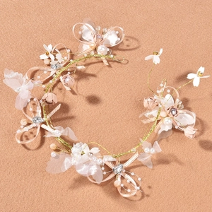 Elegant gold wire flower headband with white lace butterflies, pearls and crystals