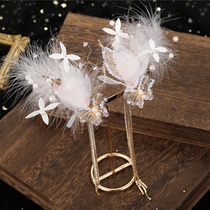 Pink feather butterfly hair clip with long tassel and sparkling rhinestones for bridal