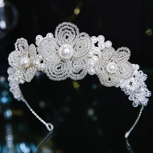 Korean Style Bridal Headband With Artificial Pearls And Crystals Flower Wedding Tiara For Women Elegant Hair Accessory Banquet Party Jewelry