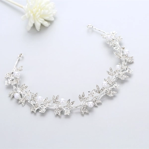 Elegant bridal hair hoop with alloy rhinestones and white pearls in floral leaf design