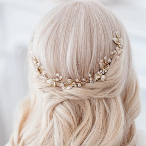Handmade Bridal Hair Vine With Metallic Leaves Artificial Pearls Rhinestones Gold Silver Rose Gold Wedding Hair Accessories For Women