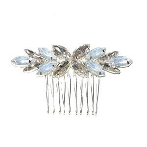 Detailed view of silver hair comb featuring marquise-cut opal and rhinestone flower clusters