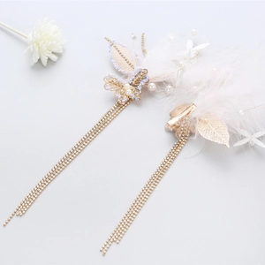 Fairy bridal pink feather hair clip with long tassel pearls and sparkling crystals