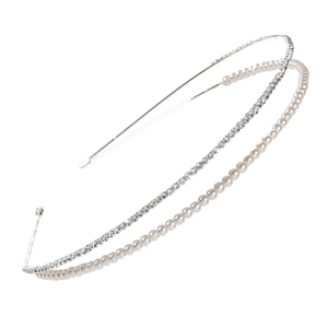 Elegant double-layer headband featuring rows of white pearls and sparkling rhinestones