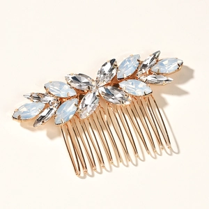 Elegant opal and rhinestone bridal hair comb with gold-tone teeth for wedding styling