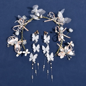 Handmade Bridal Hairband Earrings Set Cloth Flower Mesh Butterfly Artificial Pearl Rhinestone Headpiece For Wedding Party Fairy Style Accessories