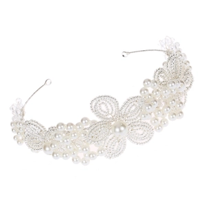 Luxurious bridal headband with white crystals, pearls and handmade floral weave design