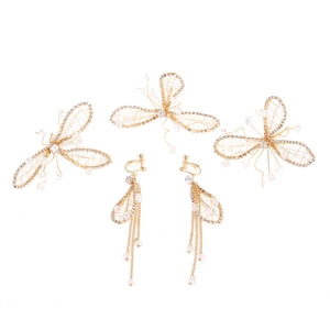 5-piece bridal hairpins and tassel clip earrings set with gold leaves and beads