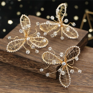Three-piece set of handmade golden butterfly hairpins with crystals and fine wire work