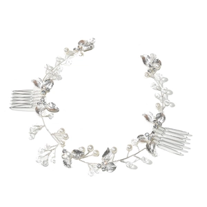 Elegant bridal silver hair comb with handmade beads pearls and crystal leaves