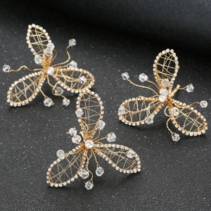 Three-piece gold copper wire butterfly hairpins and clips set with sparkling crystals
