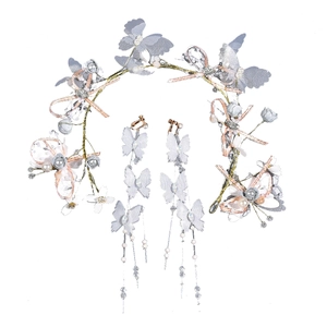Detailed set of butterfly floral headpiece and matching tassel earrings with pearls