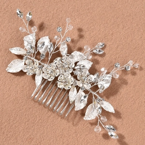 Elegant bridal hair comb with silver leaves, white enamel flowers and crystals