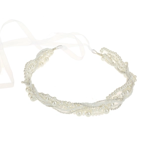 Serre-tête de mariée élégant avec perles blanches, cristaux et rubans en organza translucide