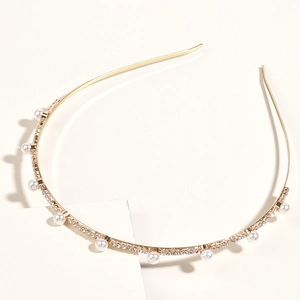 Serre-tête élégant doré avec perles blanches et strass brillants pour femmes