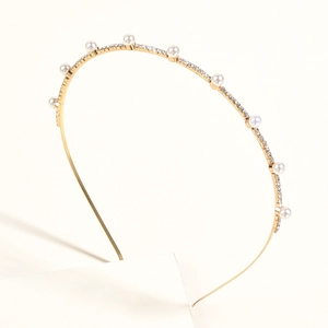 Serre-tête élégant en métal doré avec perles blanches et strass brillants pour accessoire